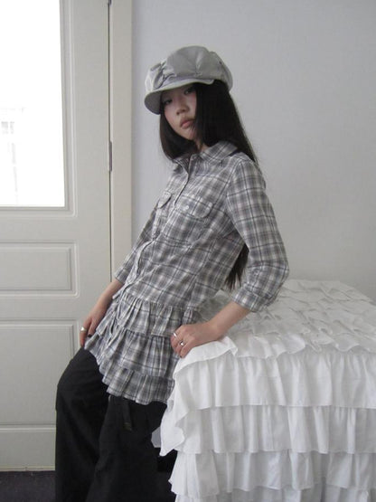 ang project Vintage Grey Plaid Layered Hem Short Sleeve Shirt
