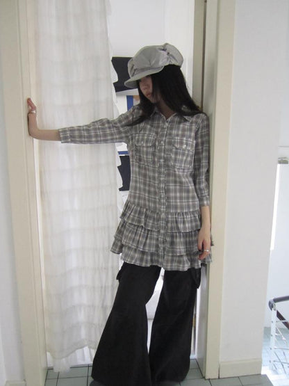 ang project Vintage Grey Plaid Layered Hem Short Sleeve Shirt
