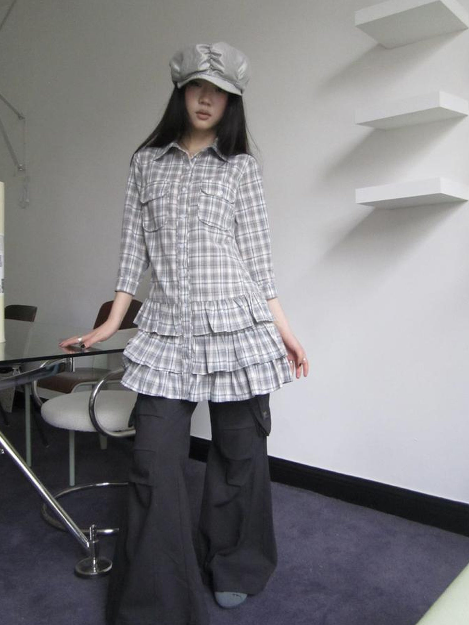 ang project Vintage Grey Plaid Layered Hem Short Sleeve Shirt