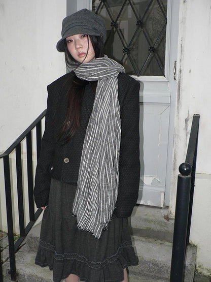 ang project Vintage Grey White Striped Fringe Scarf Scarf