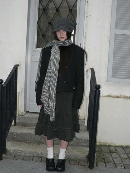 ang project Vintage Grey White Striped Fringe Scarf Scarf