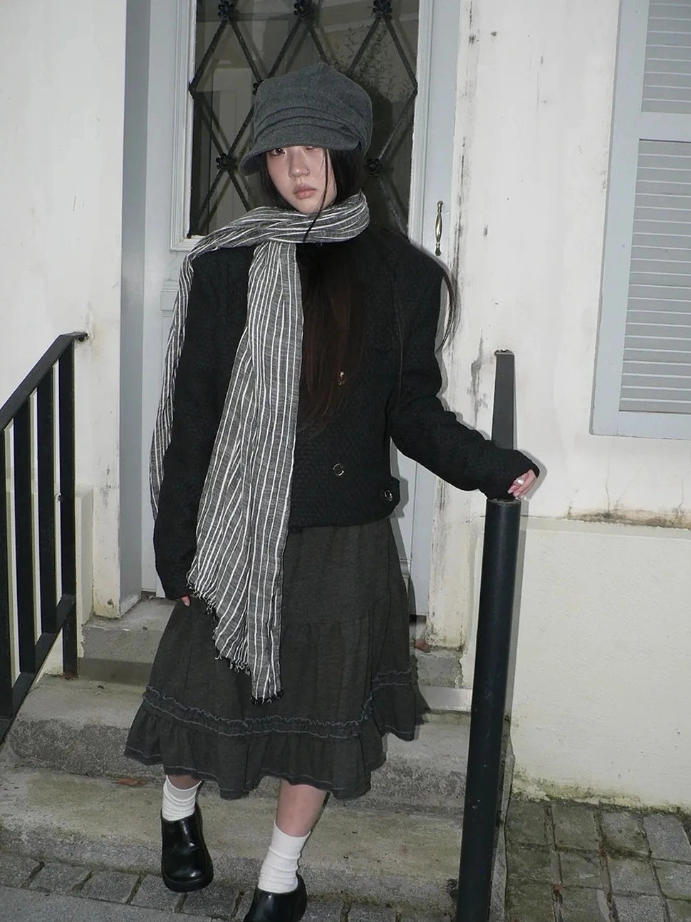 ang project Vintage Grey White Striped Fringe Scarf Scarf