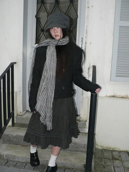 ang project Vintage Grey White Striped Fringe Scarf Scarf