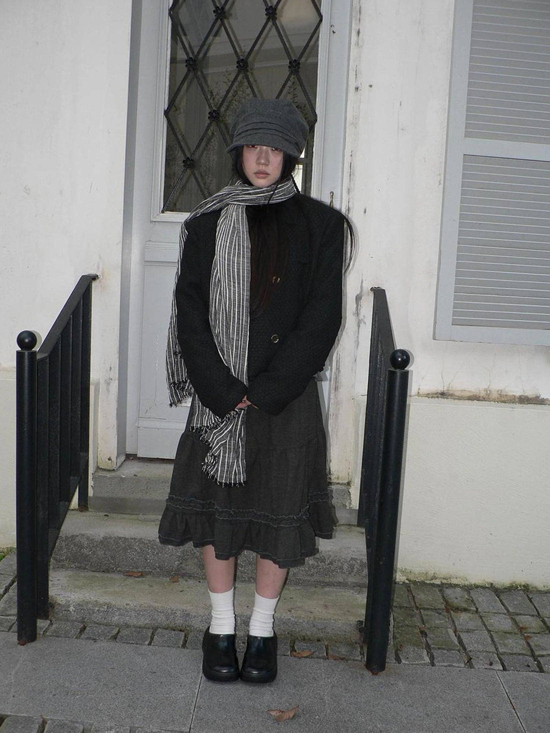 ang project Vintage Grey White Striped Fringe Scarf Scarf