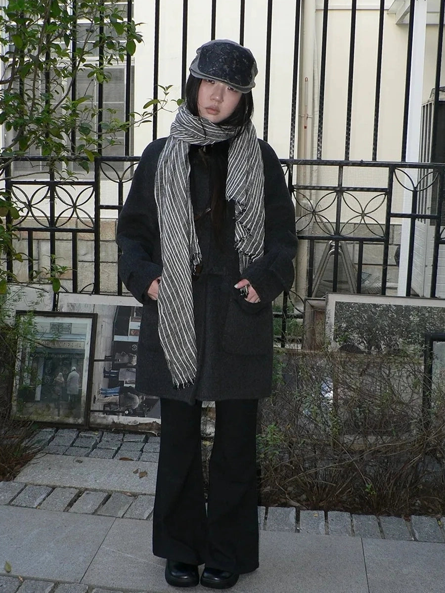 ang project Vintage Grey White Striped Fringe Scarf Scarf