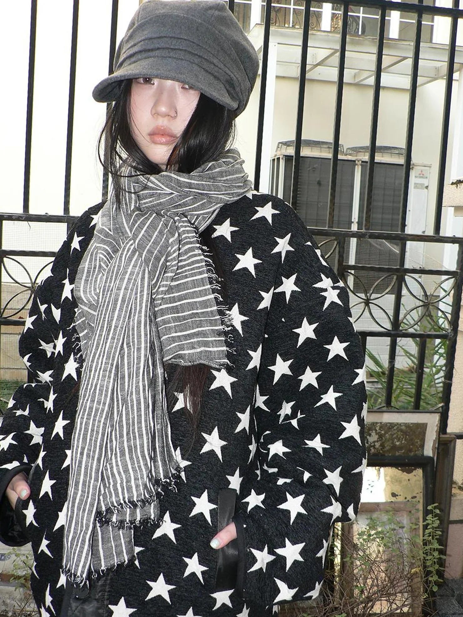 ang project Vintage Grey White Striped Fringe Scarf Scarf