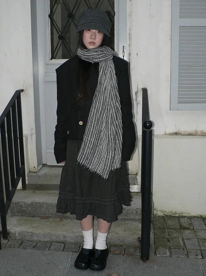 ang project Vintage Grey White Striped Fringe Scarf Scarf