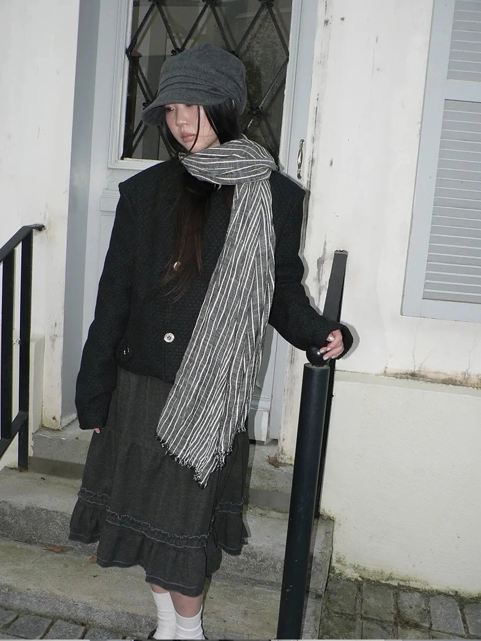 ang project Vintage Grey White Striped Fringe Scarf Scarf