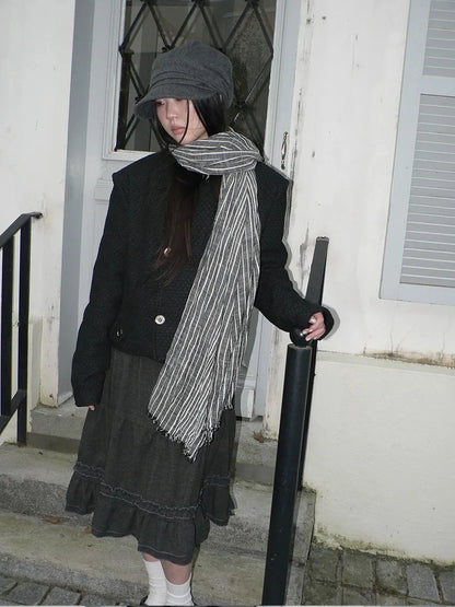 ang project Vintage Grey White Striped Fringe Scarf Scarf