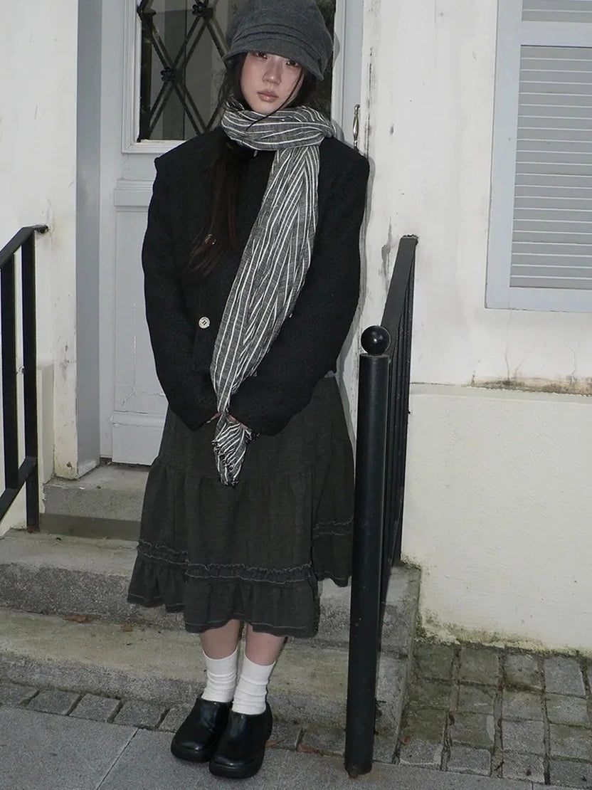 ang project Vintage Grey White Striped Fringe Scarf Scarf