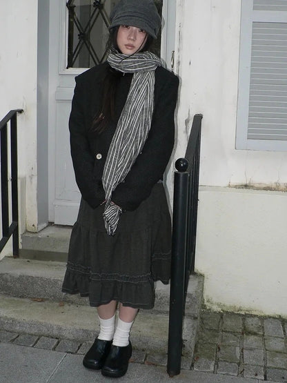 ang project Vintage Grey White Striped Fringe Scarf Scarf