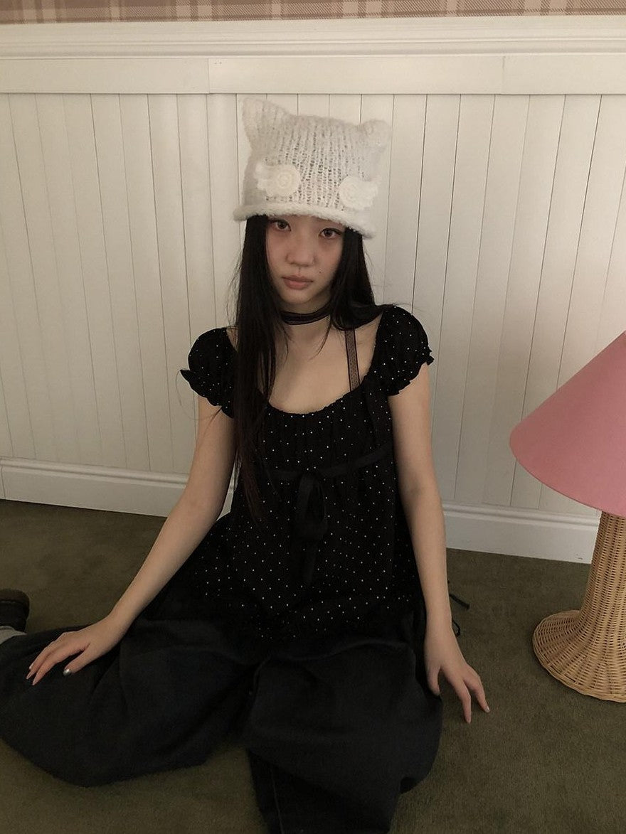 ang project Vintage Handknit Small Wing Cat Ear Women&