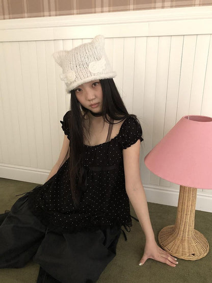 ang project Vintage Handknit Small Wing Cat Ear Women&