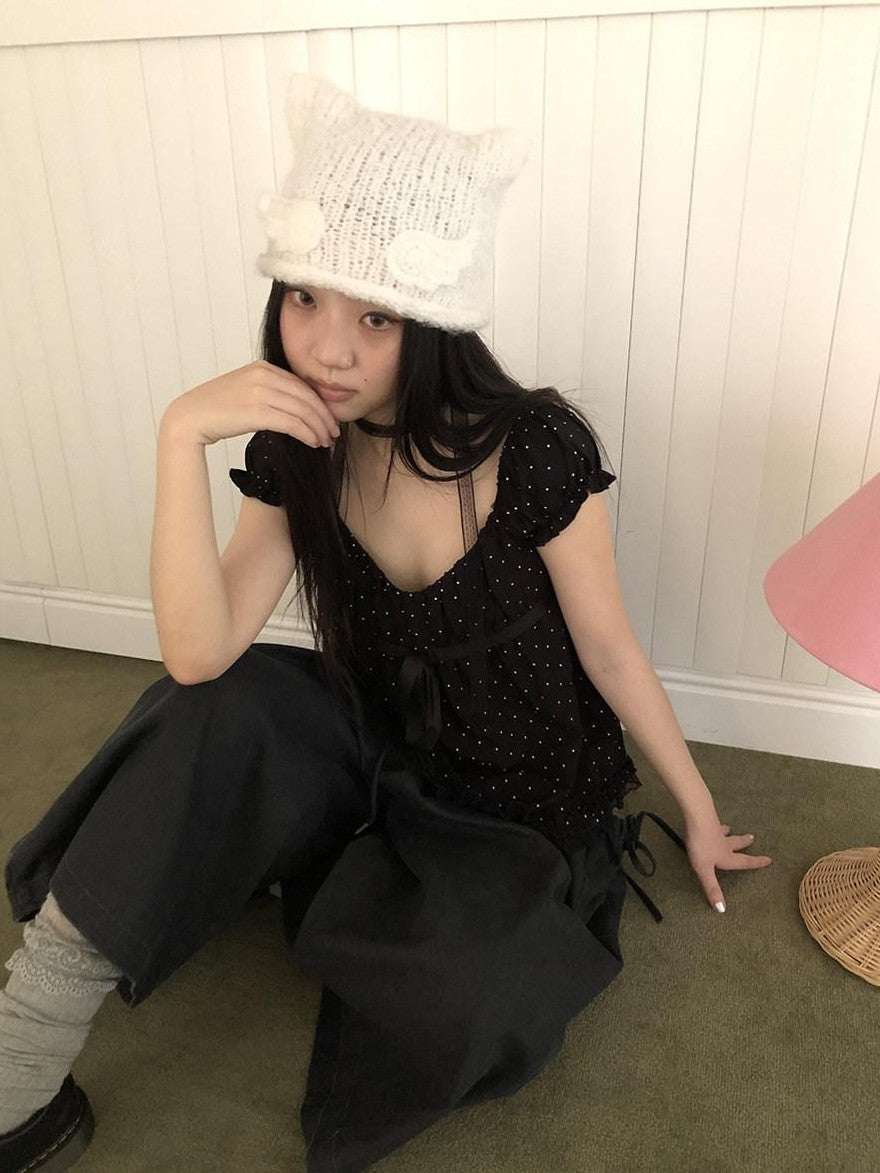 ang project Vintage Handknit Small Wing Cat Ear Women&