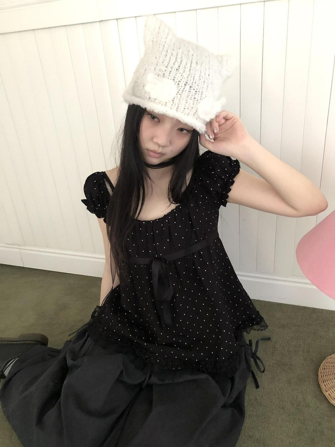 ang project Vintage Handknit Small Wing Cat Ear Women&