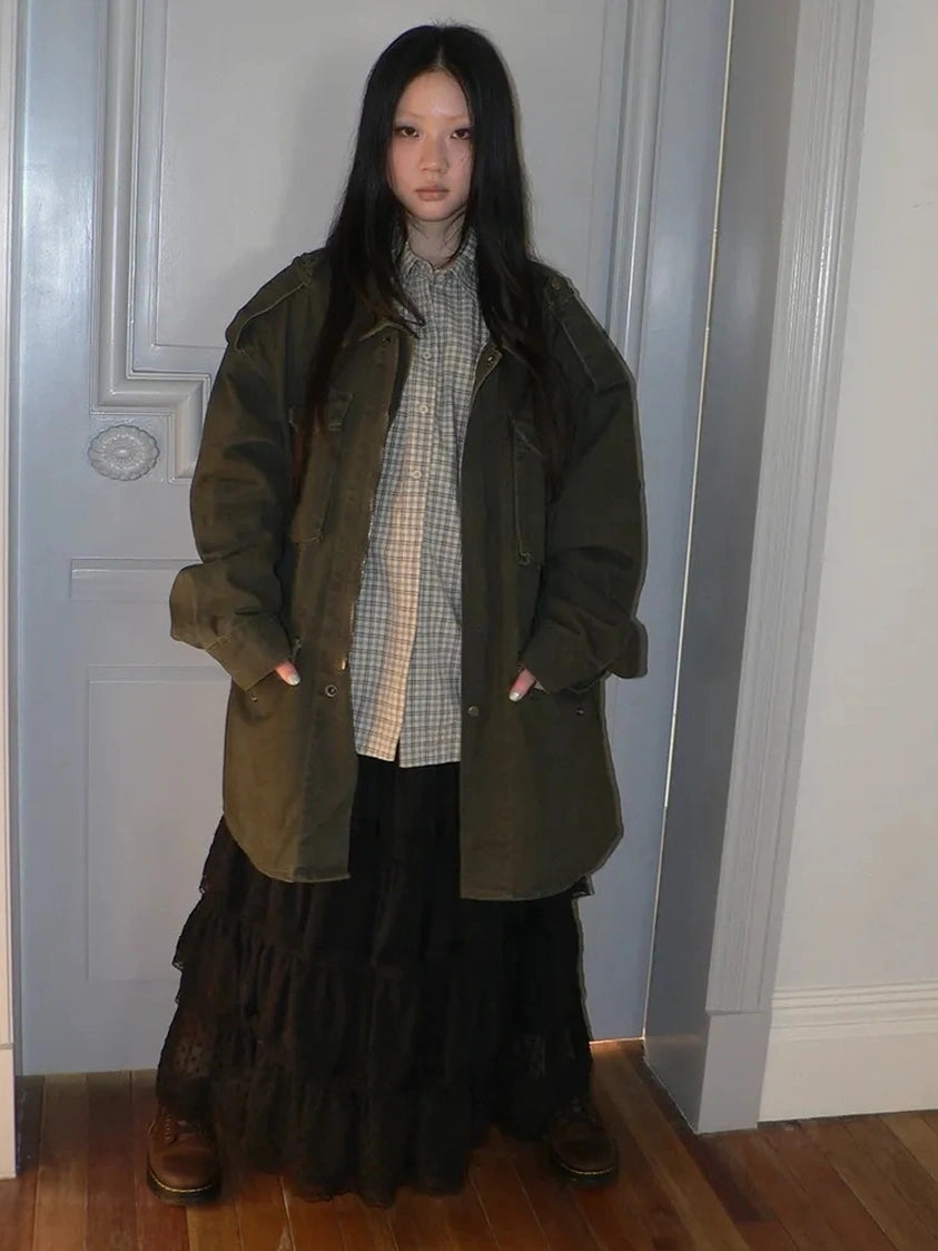 ang project Vintage Heavy Washed Zip Pocket Long Jacket Coat