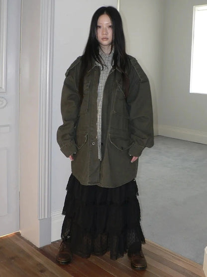 ang project Vintage Heavy Washed Zip Pocket Long Jacket Coat