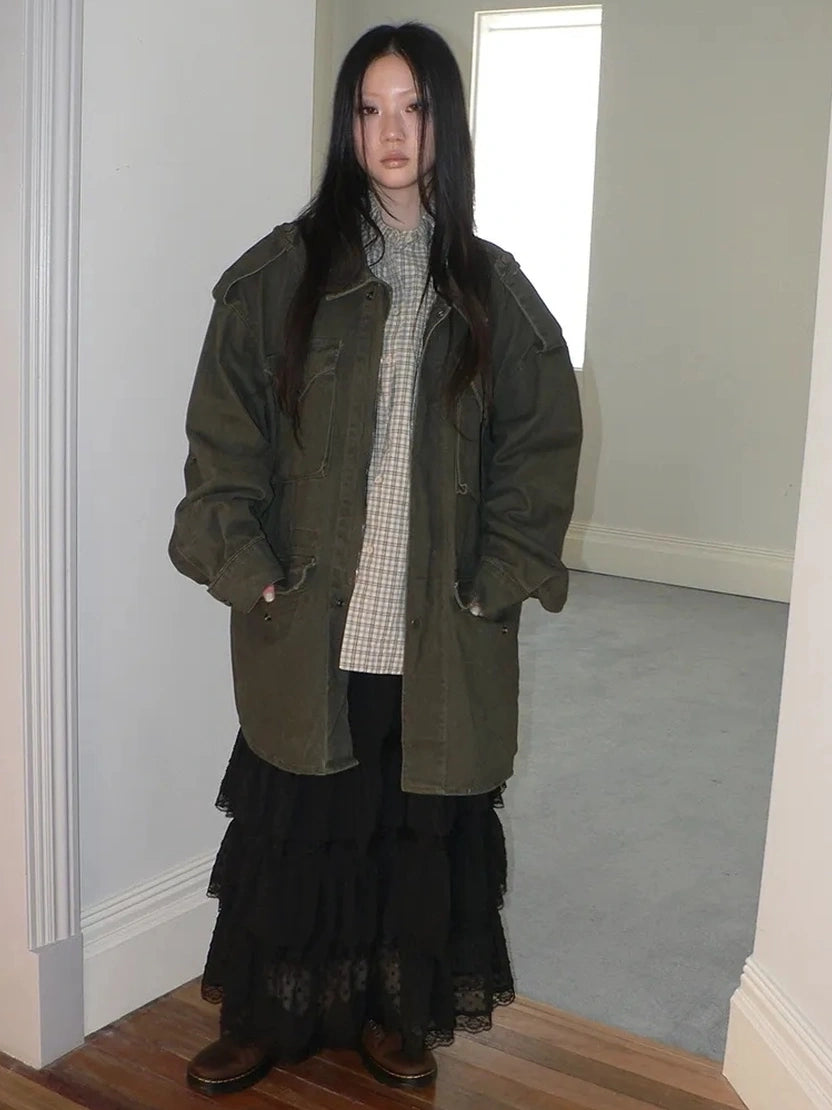 ang project Vintage Heavy Washed Zip Pocket Long Jacket Coat