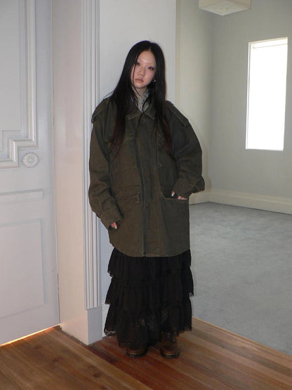 ang project Vintage Heavy Washed Zip Pocket Long Jacket Coat