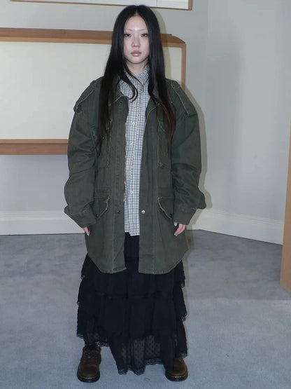 ang project Vintage Heavy Washed Zip Pocket Long Jacket Coat