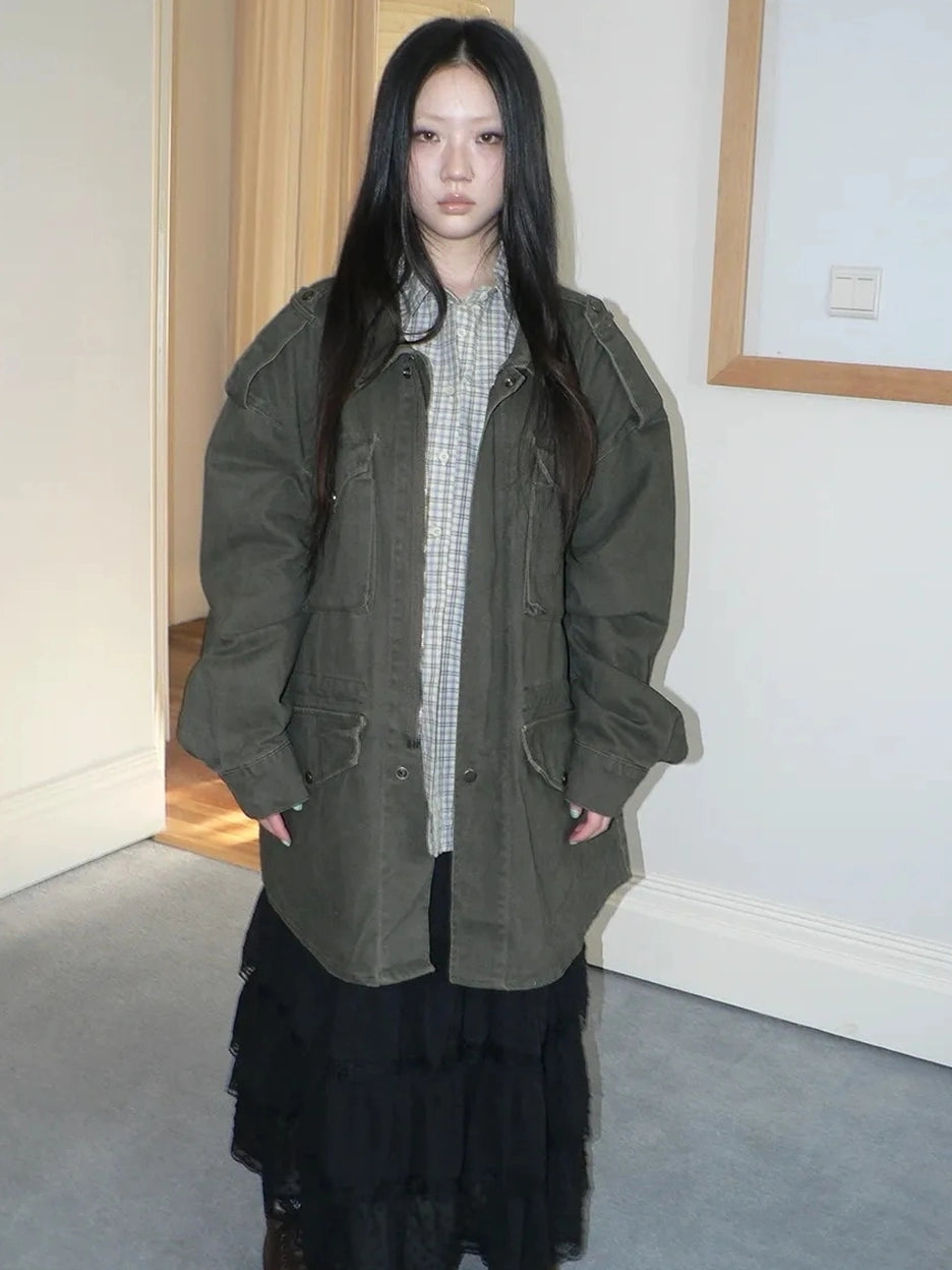 ang project Vintage Heavy Washed Zip Pocket Long Jacket Coat