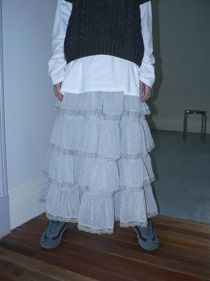 ang project Vintage High Waist Lace Trim Polka Dot Flared Tiered Skirt Skirt