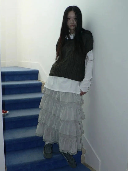 ang project Vintage High Waist Lace Trim Polka Dot Flared Tiered Skirt Skirt