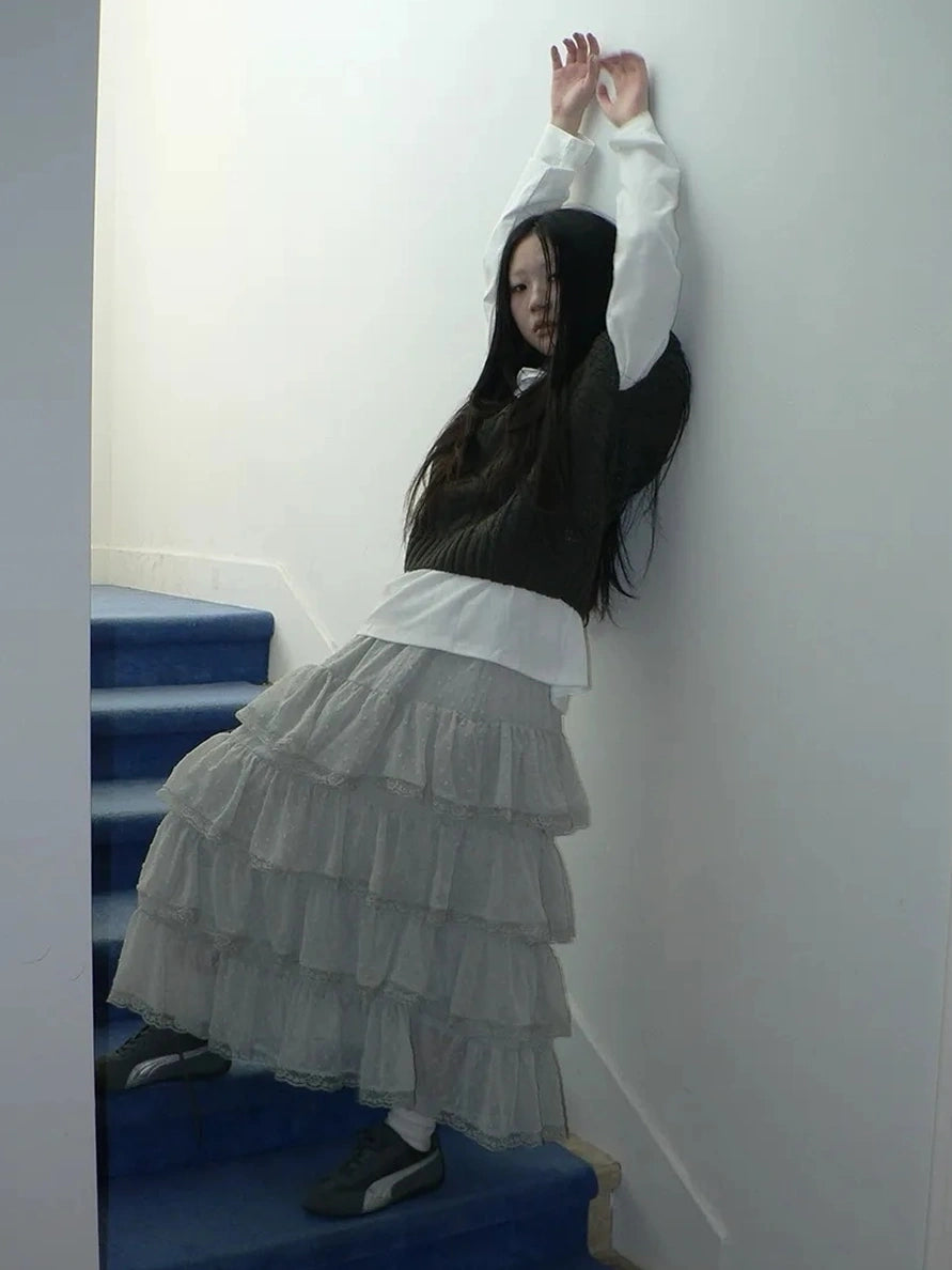 ang project Vintage High Waist Lace Trim Polka Dot Flared Tiered Skirt Skirt