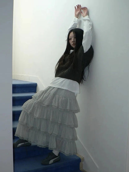 ang project Vintage High Waist Lace Trim Polka Dot Flared Tiered Skirt Skirt