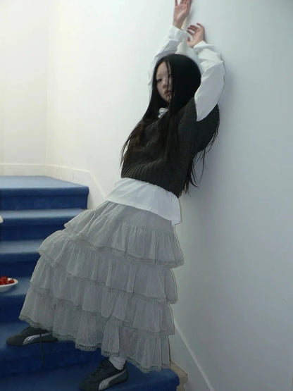 ang project Vintage High Waist Lace Trim Polka Dot Flared Tiered Skirt Skirt