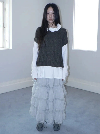 ang project Vintage High Waist Lace Trim Polka Dot Flared Tiered Skirt Skirt