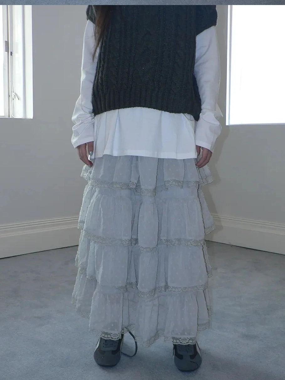 ang project Vintage High Waist Lace Trim Polka Dot Flared Tiered Skirt Skirt