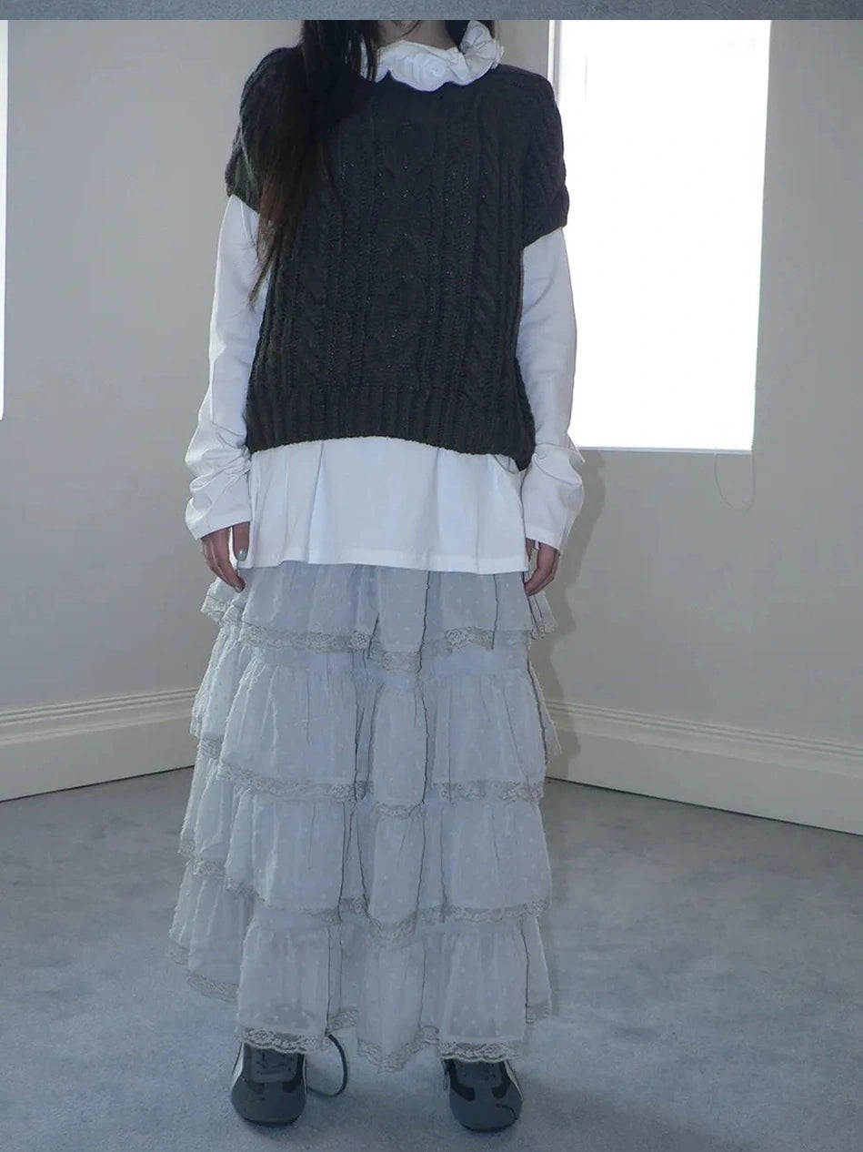 ang project Vintage High Waist Lace Trim Polka Dot Flared Tiered Skirt Skirt