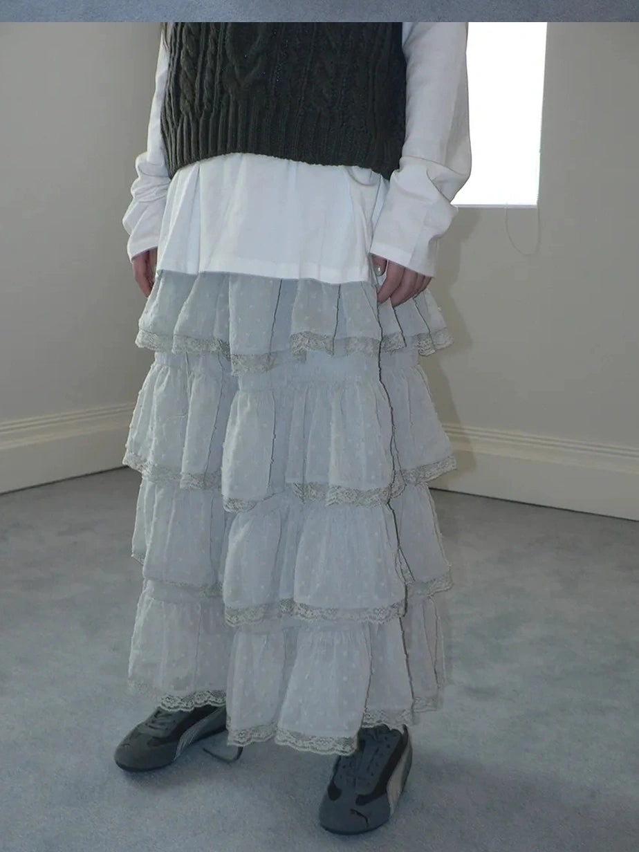 ang project Vintage High Waist Lace Trim Polka Dot Flared Tiered Skirt Skirt