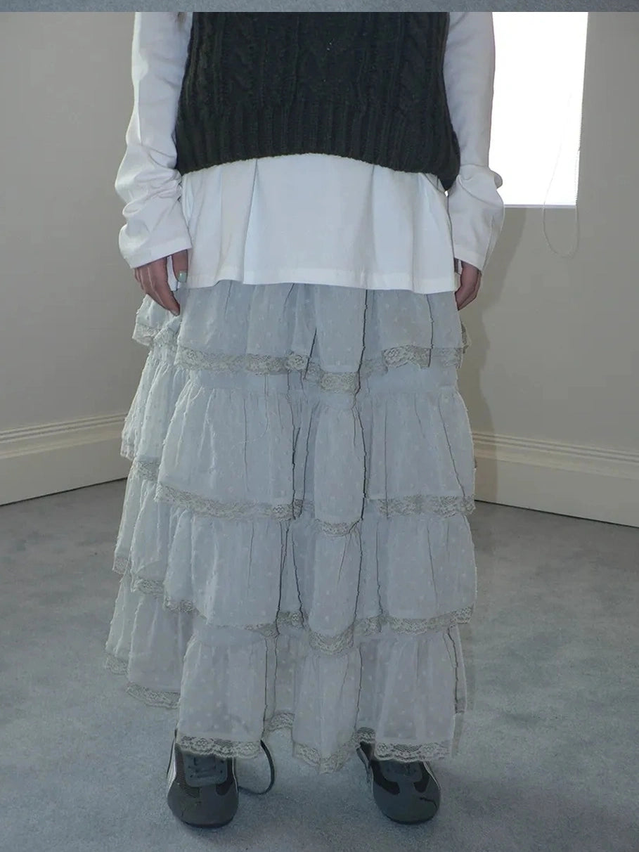 ang project Vintage High Waist Lace Trim Polka Dot Flared Tiered Skirt Skirt