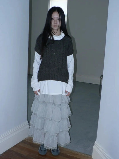 ang project Vintage High Waist Lace Trim Polka Dot Flared Tiered Skirt Skirt