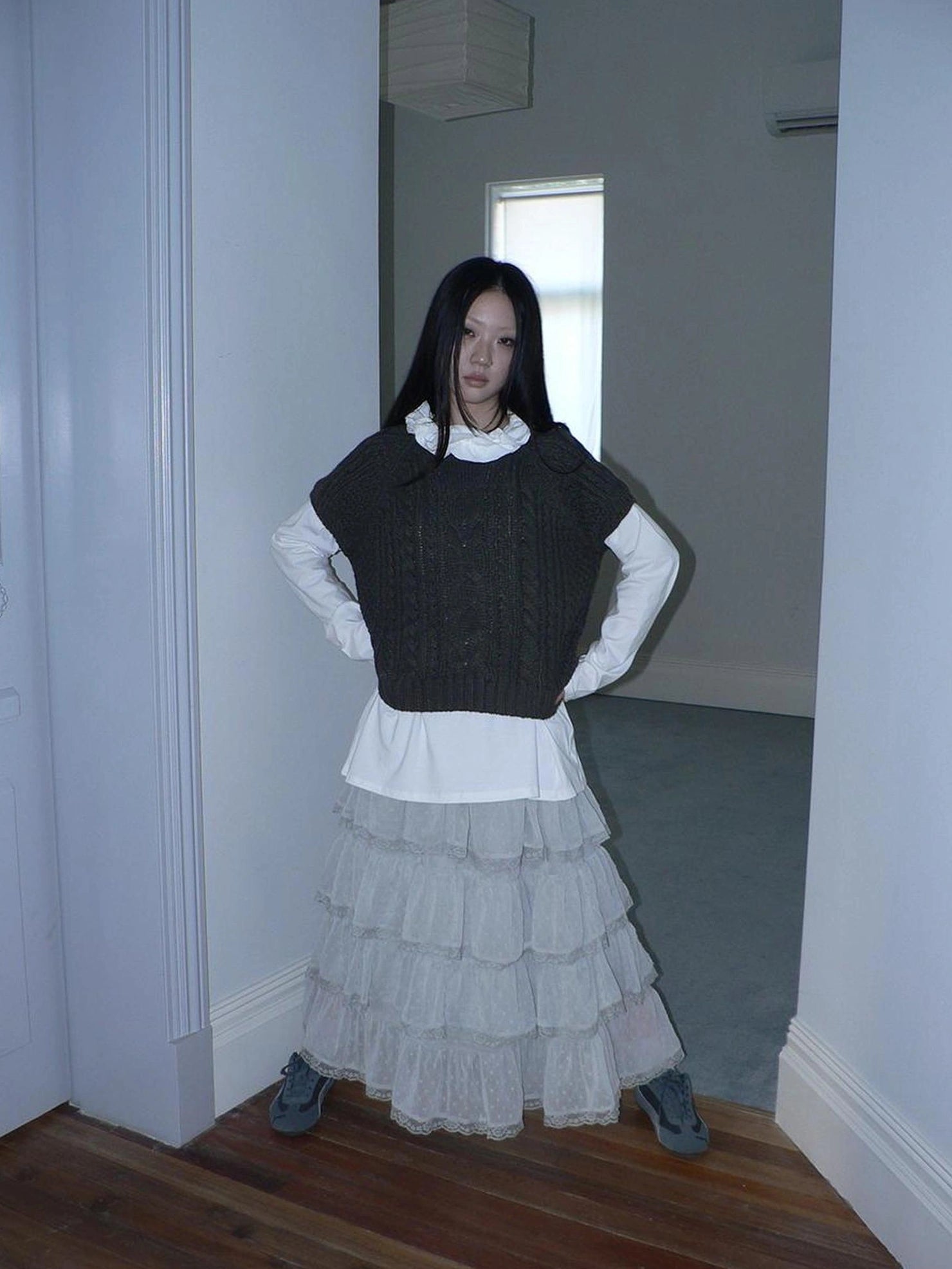 ang project Vintage High Waist Lace Trim Polka Dot Flared Tiered Skirt Skirt