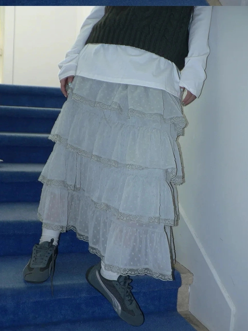 ang project Vintage High Waist Lace Trim Polka Dot Flared Tiered Skirt Skirt