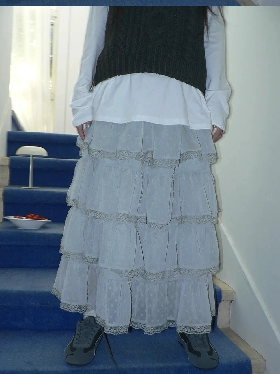 ang project Vintage High Waist Lace Trim Polka Dot Flared Tiered Skirt Skirt