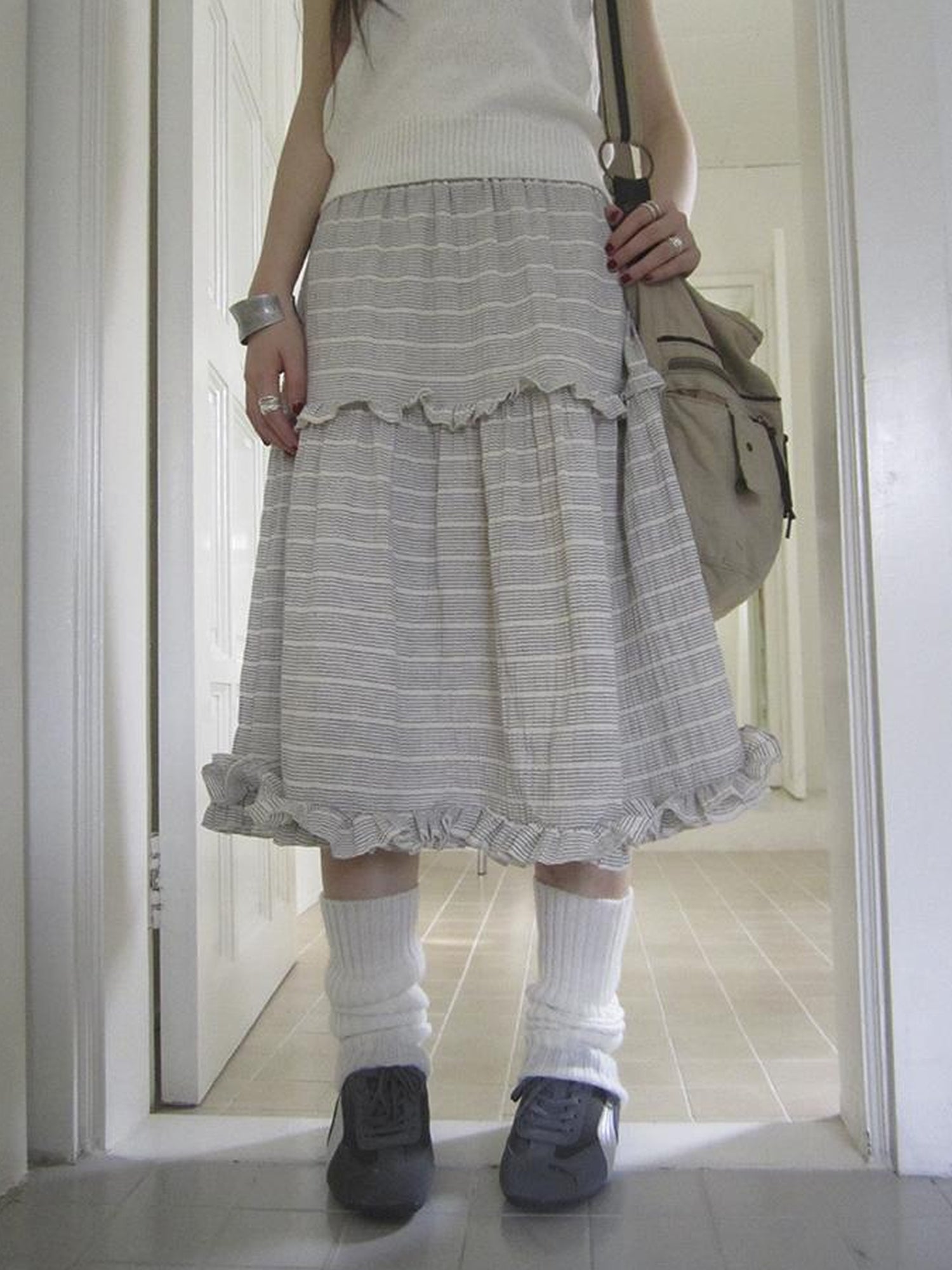 ang project Vintage Inspired Striped Floral Skirt With Elastic Waist