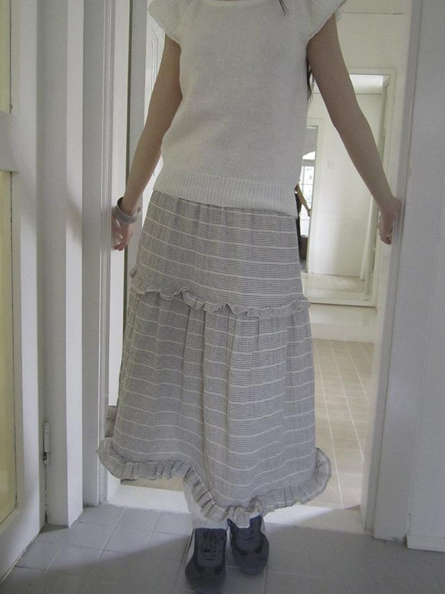 ang project Vintage Inspired Striped Floral Skirt With Elastic Waist