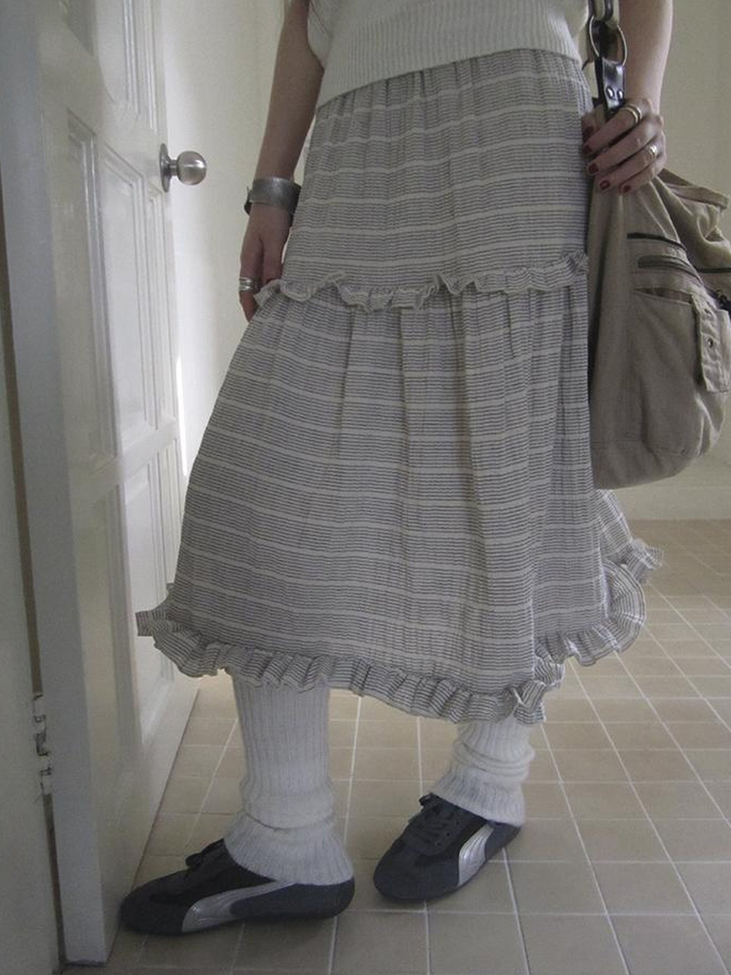 ang project Vintage Inspired Striped Floral Skirt With Elastic Waist