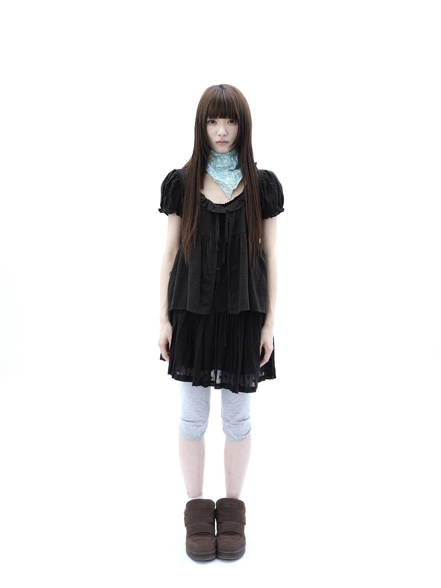 ang project Vintage Jacquard Embroidered Pleated Elastic Waist Women&