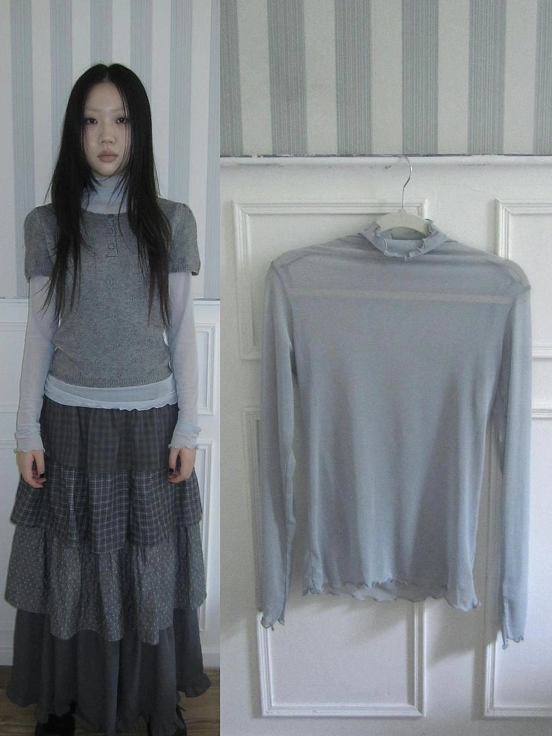 ang project Vintage Knit Layering Mesh Top V-neck T-shirt Long Sleeve T-shirt