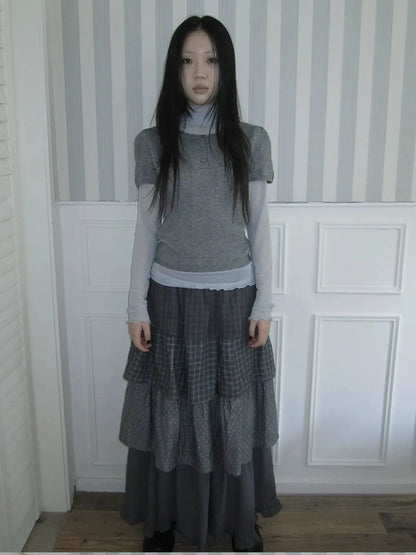 ang project Vintage Knit Layering Mesh Top V-neck T-shirt Long Sleeve T-shirt