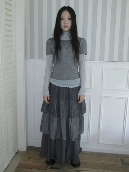 ang project Vintage Knit Layering Mesh Top V-neck T-shirt Long Sleeve T-shirt