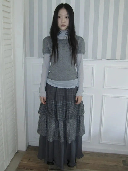 ang project Vintage Knit Layering Mesh Top V-neck T-shirt Long Sleeve T-shirt