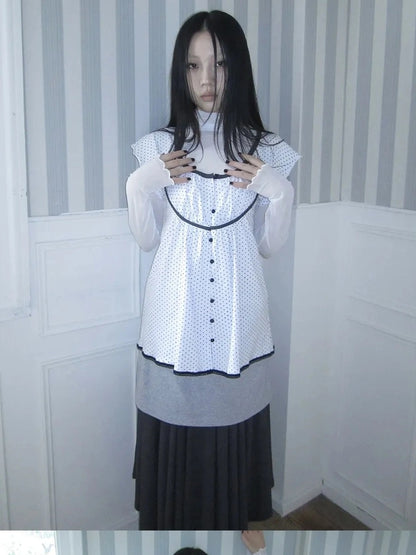 ang project Vintage Knit Layering Mesh Top V-neck T-shirt Long Sleeve T-shirt