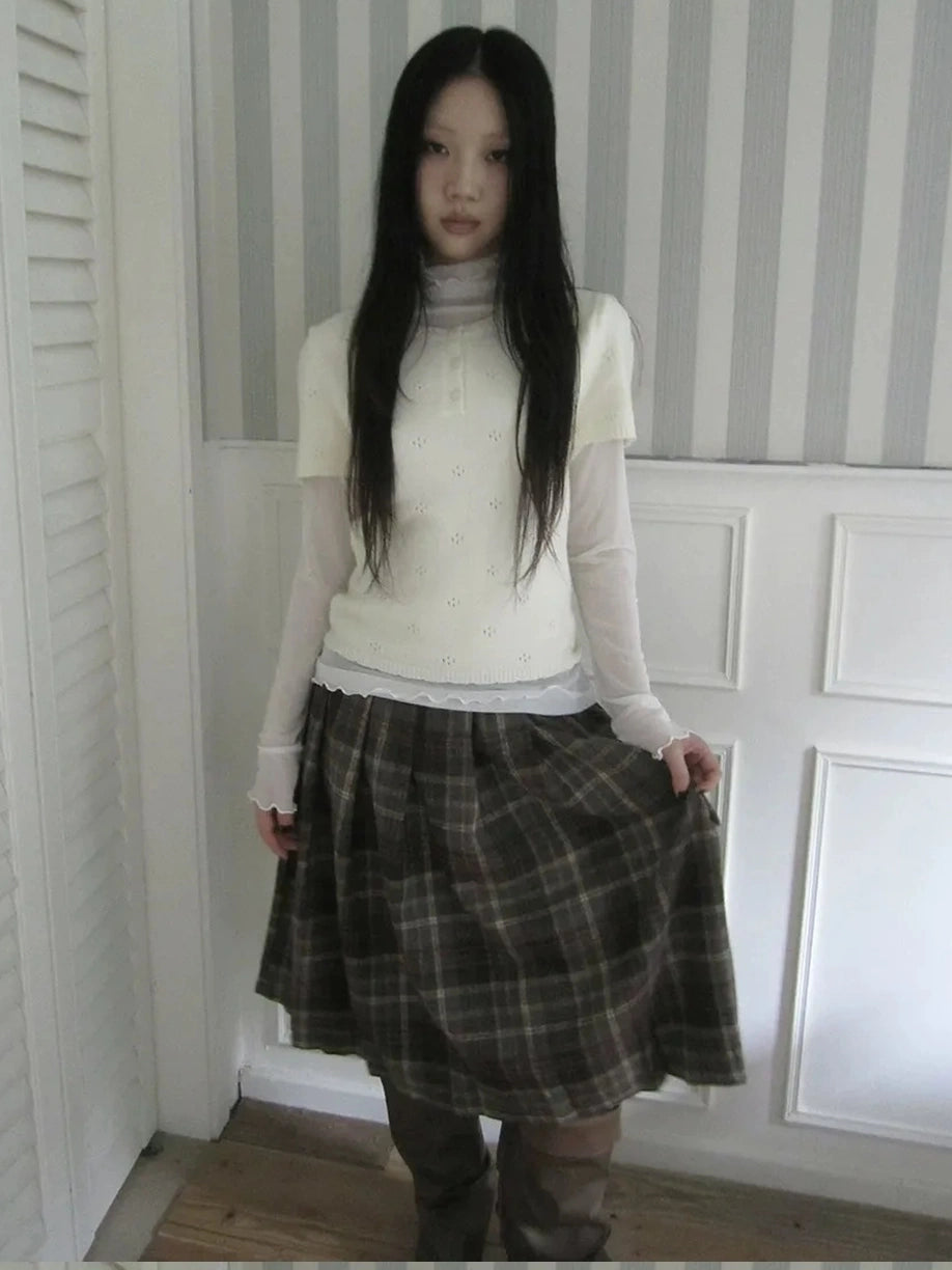 ang project Vintage Knit Layering Mesh Top V-neck T-shirt Long Sleeve T-shirt