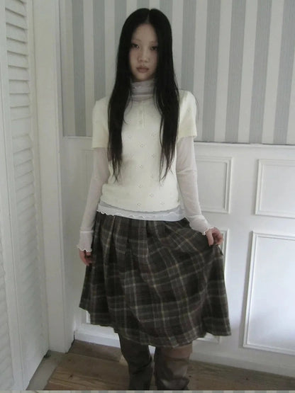 ang project Vintage Knit Layering Mesh Top V-neck T-shirt Long Sleeve T-shirt